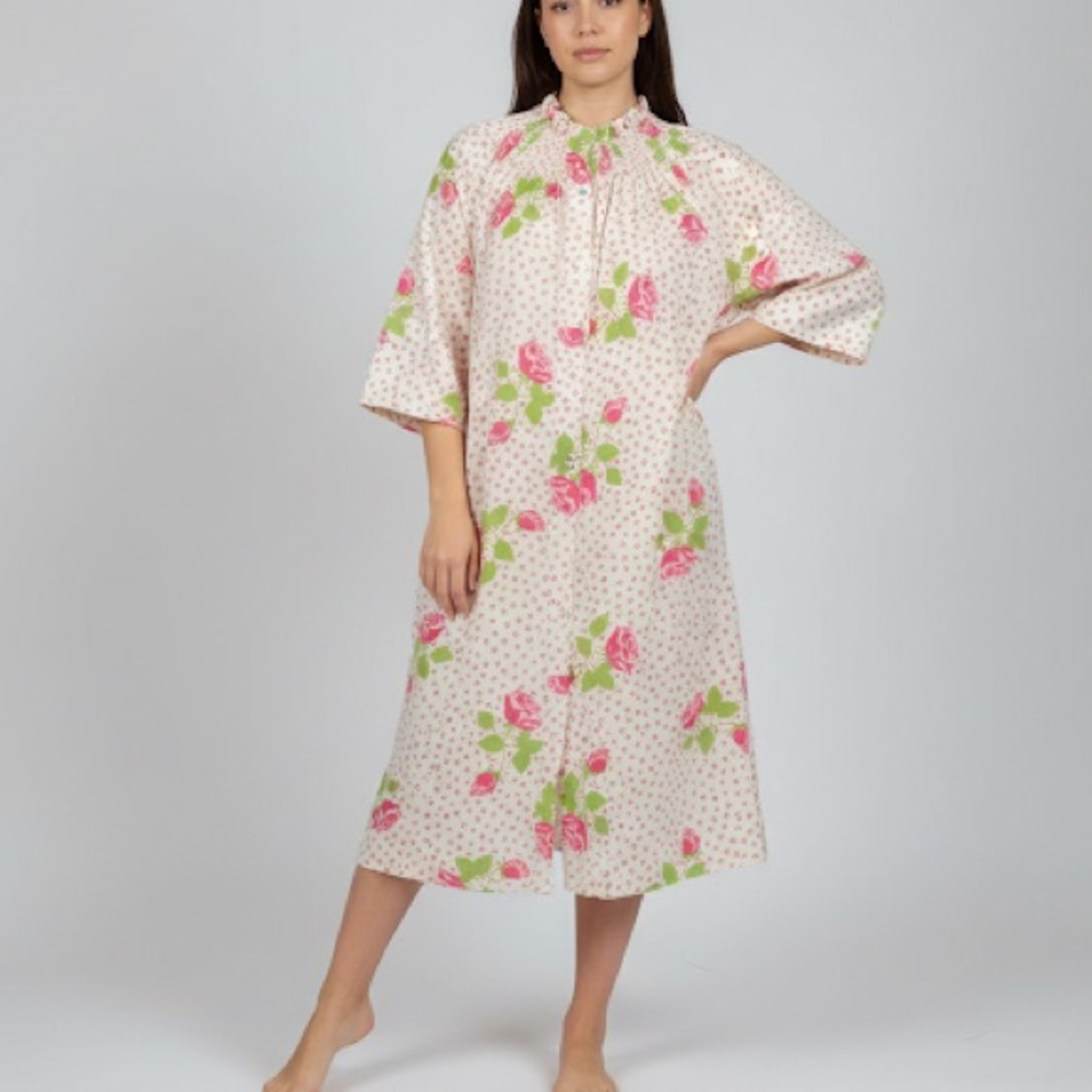 Vintage 60s Models Coat Floral House Dress Size L 14 Snap Smocked Lounge Robe